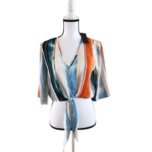 BCBGMaxAzria Knot Front 3/4 Sleeve Woven Top, S - Picture 5 of 8